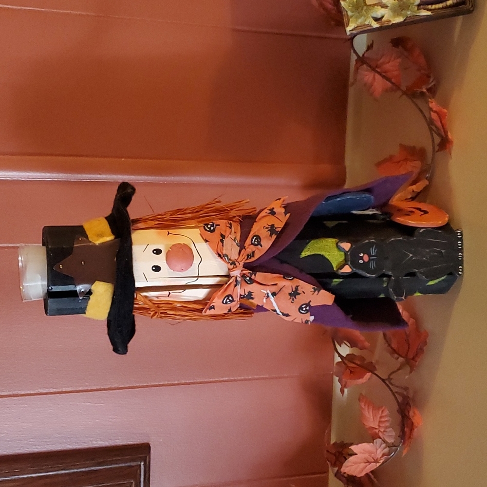 Mid 1990s Hand Painted Wood Log Witch Candle Holder